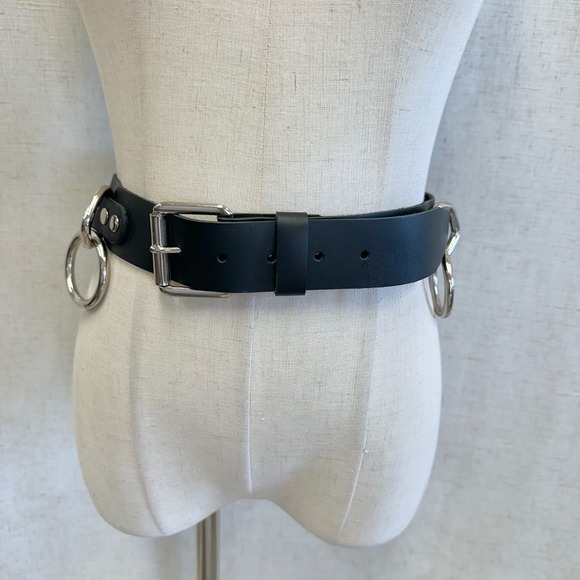 Genuine Leather Bondage Multi O-Ring Punk Goth Belt Black Silver Size Large